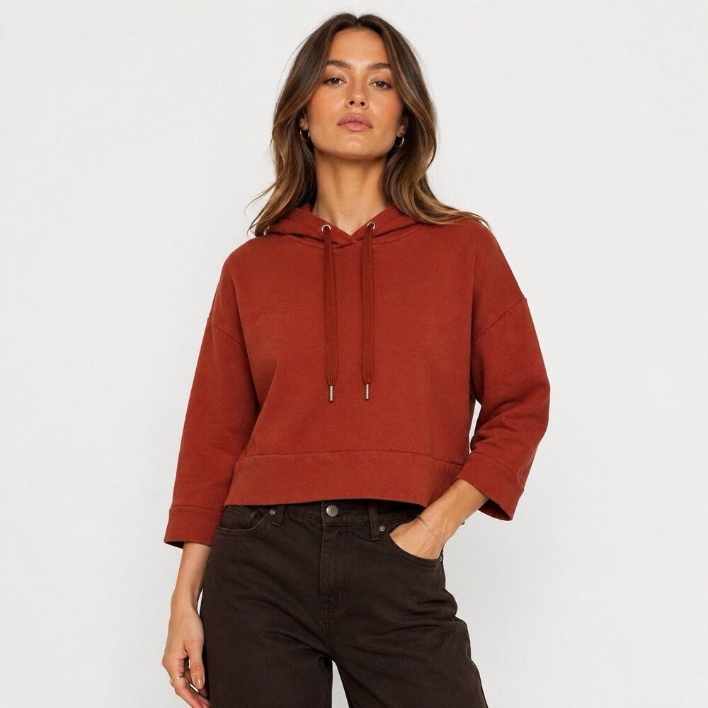 Banana Republic Cotton 3/4 Sleeve Crop Sweater Hoodie XS Petite Maroon Burgundy